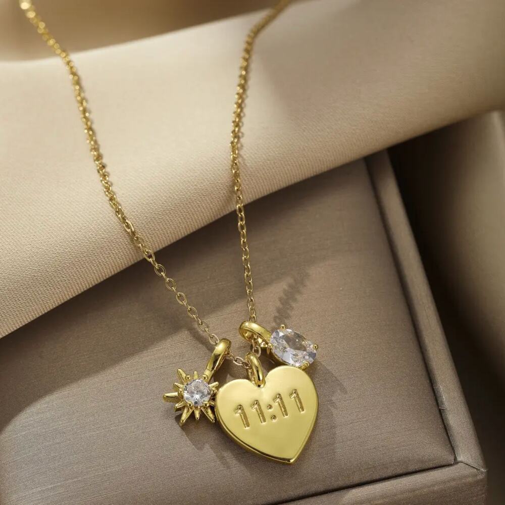 11:11 Angel Number Heart Necklace Rhinestone Charms 18K Gold Plated